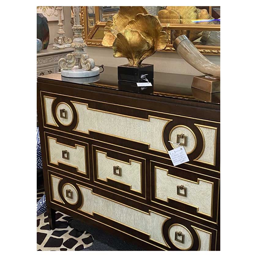 Mid-Century Modern Chest with 5 drawers in dark brown, gold, and white linen at Forestwood Antique Mall